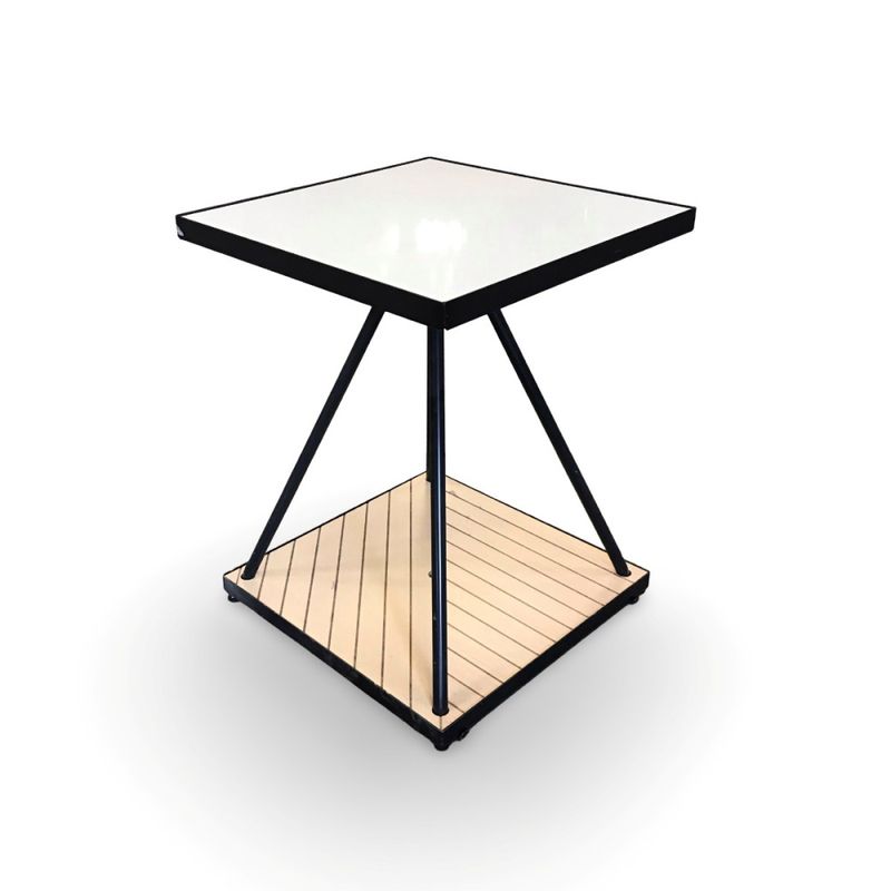 Skyltpodie/bord 62x62 cm vitt/svart/trä - begagnat